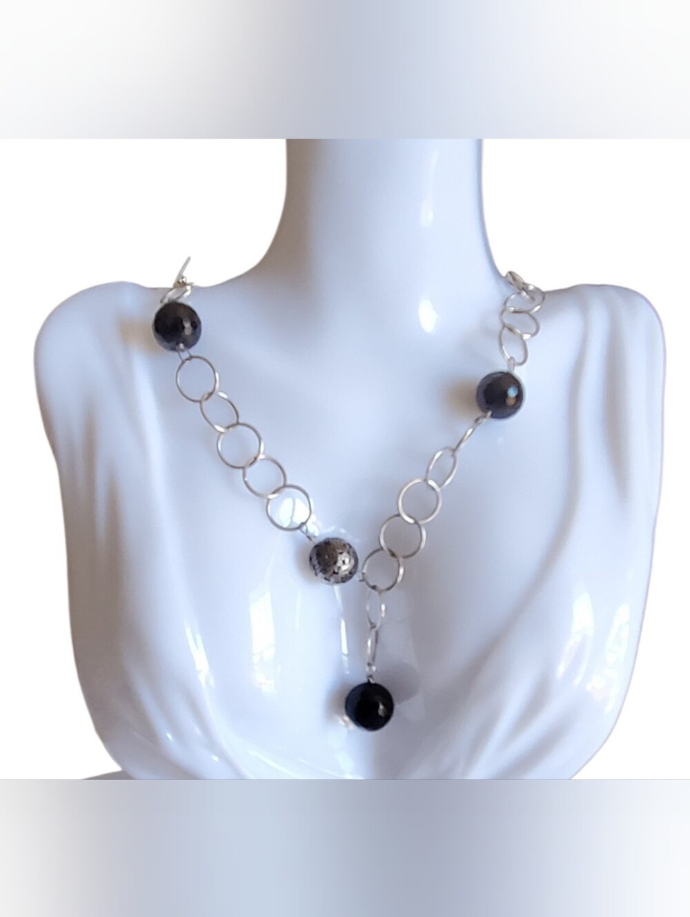 Vtg. Y-shape Sterling Silver Chain & Faceted Black Agate Stones Necklace